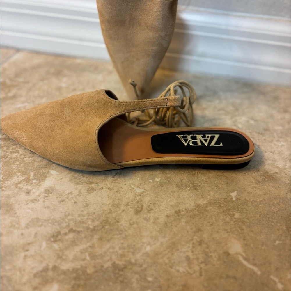 Zara Tan Pointed Toe Flats with Ankle Wrap - Picture 6 of 9